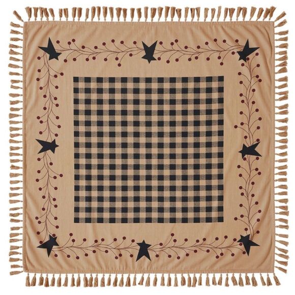 Primitive Star and Pip Berry Table Topper with Plaid Center and Tassel Edge - Picture 2 of 3